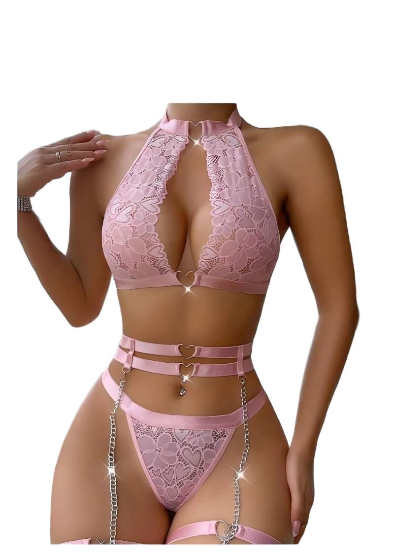 Push Up Bra Padded - Sexy Dessous-Set mit Push-up-Effekt, Spitzen-Strumpfhalter, Choker,