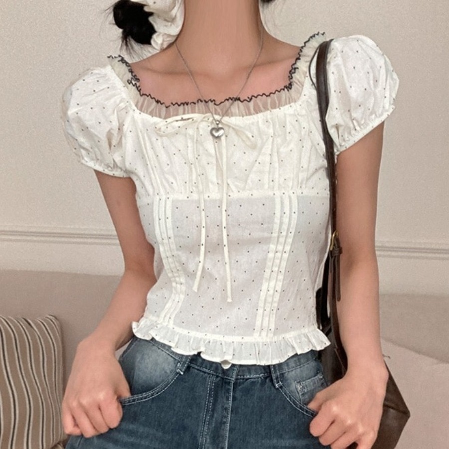 Corset Waist Cinch - Sommerliches, süßes Oberteil mit Puffärmeln, Polka