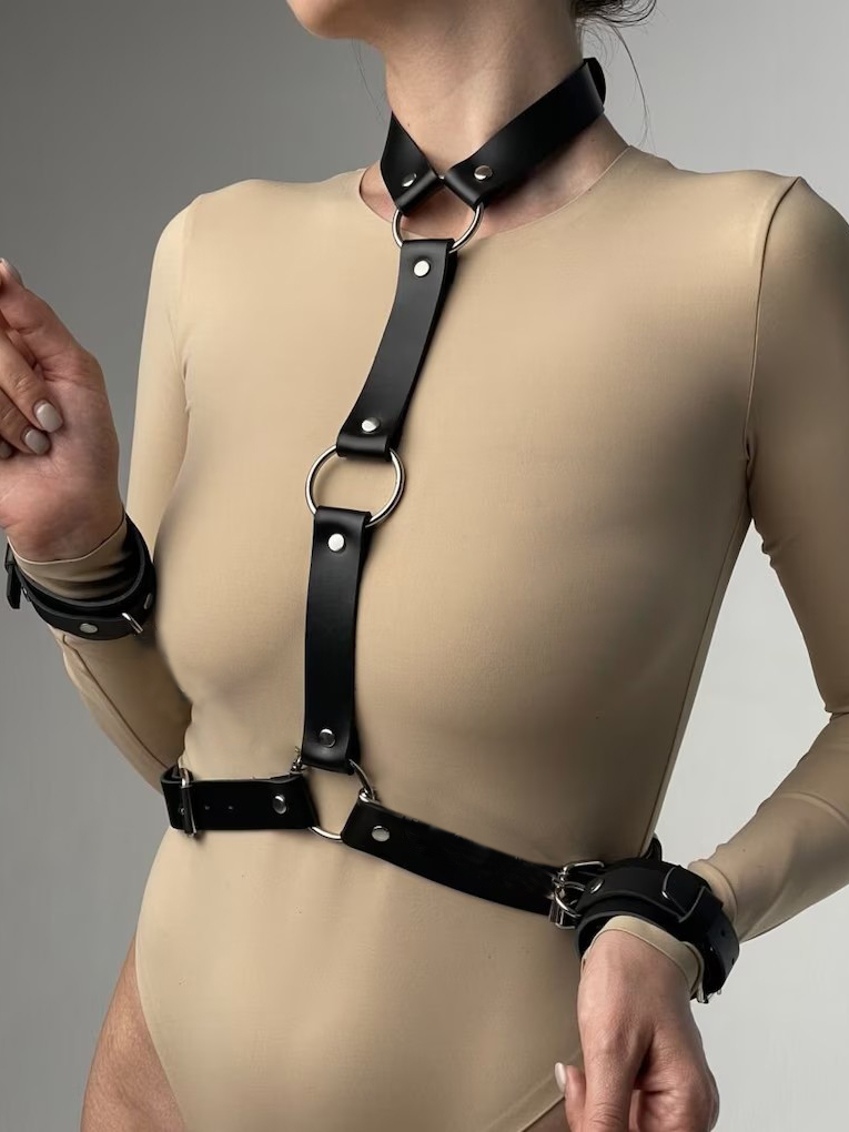 Garter Belt Set - Damen Sexy Leder-Harness-Gürtel mit Handschellen-Set, Fetisch-Kleidung,